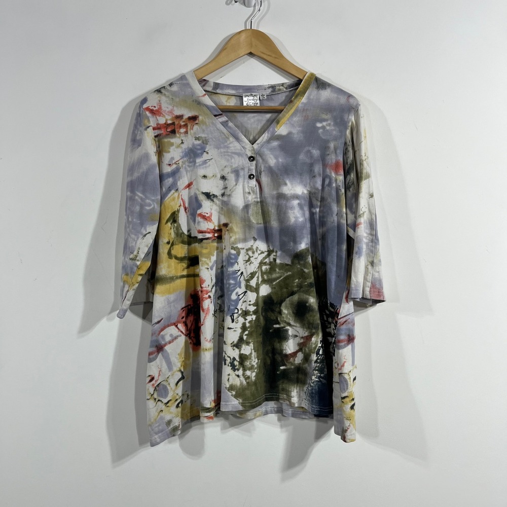 Parsley & Sage Artsy Abstract Henley 3/4 Sleeve Top Large Multicolor Lagenlook
